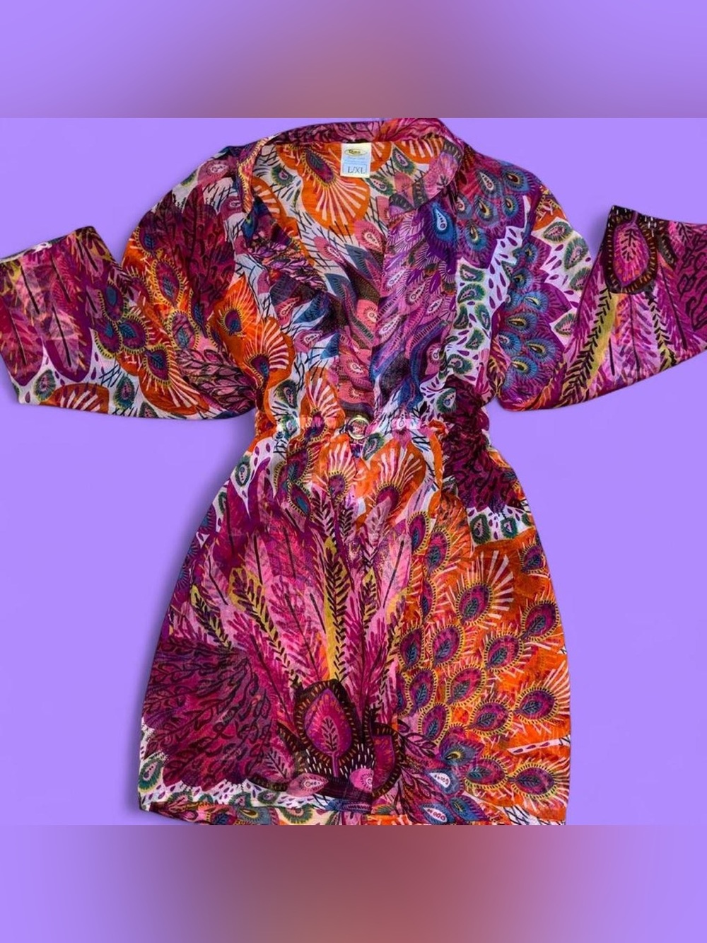 Vibrant Multicoloured Peacock-Print Beach Cover-Up